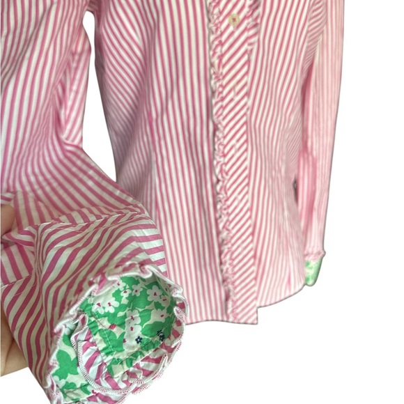 Lilly Pulitzer Pink and White Striped Ruffle Button Down - Picture 3 of 5